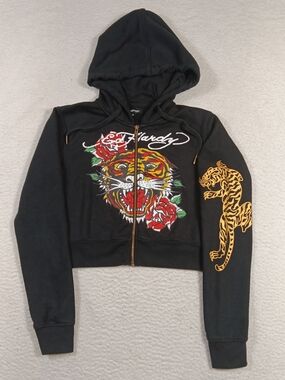 Ed Hardy Hoodie Womens Medium Black Retro Tiger Rose Cropped Full Zip
